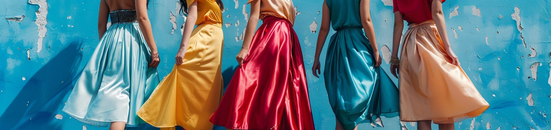 Women wearing satin midi skirts banner image