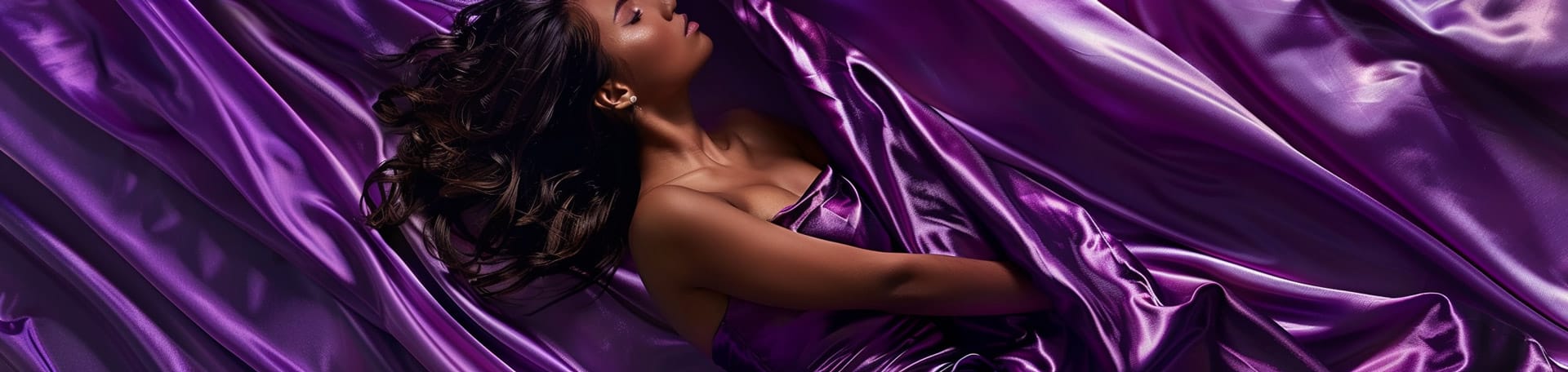 Splendid black hair women draped in a purple satin dress