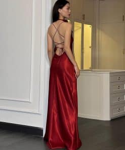 Luna Red Satin Maxi Dress back