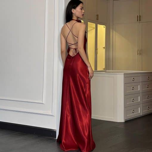 Luna Red Satin Maxi Dress back